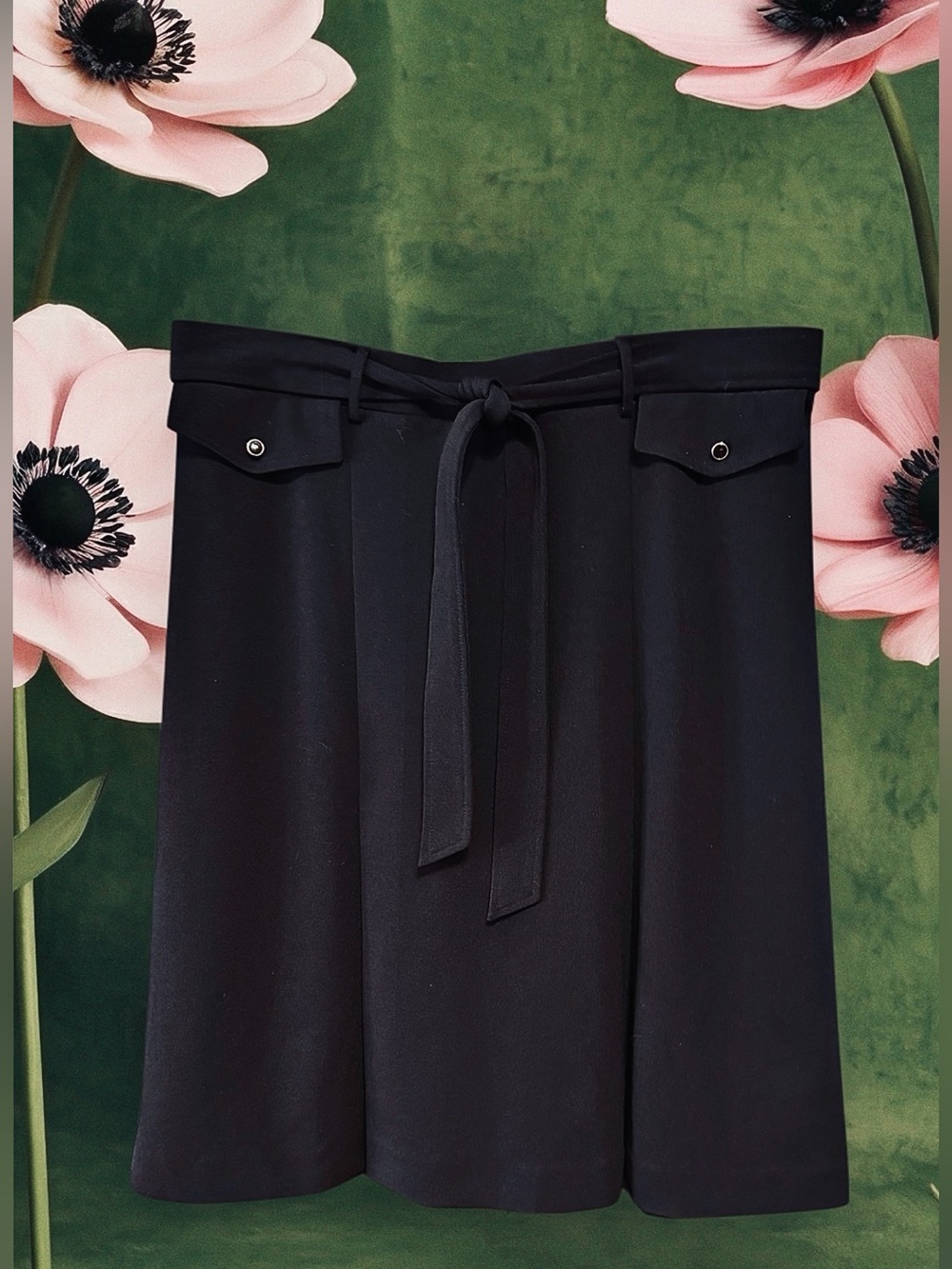NYCC Women's Black A-Line Skirt with Self-Tie Waist 2 Faux Front Pockets size L